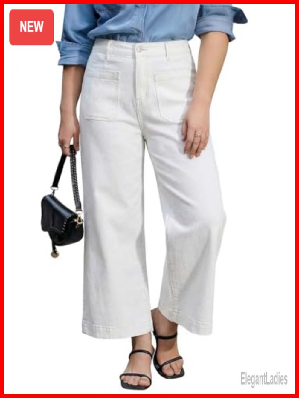 Plus Size High Waisted Wide Leg Cropped Denim Jeans with Pockets